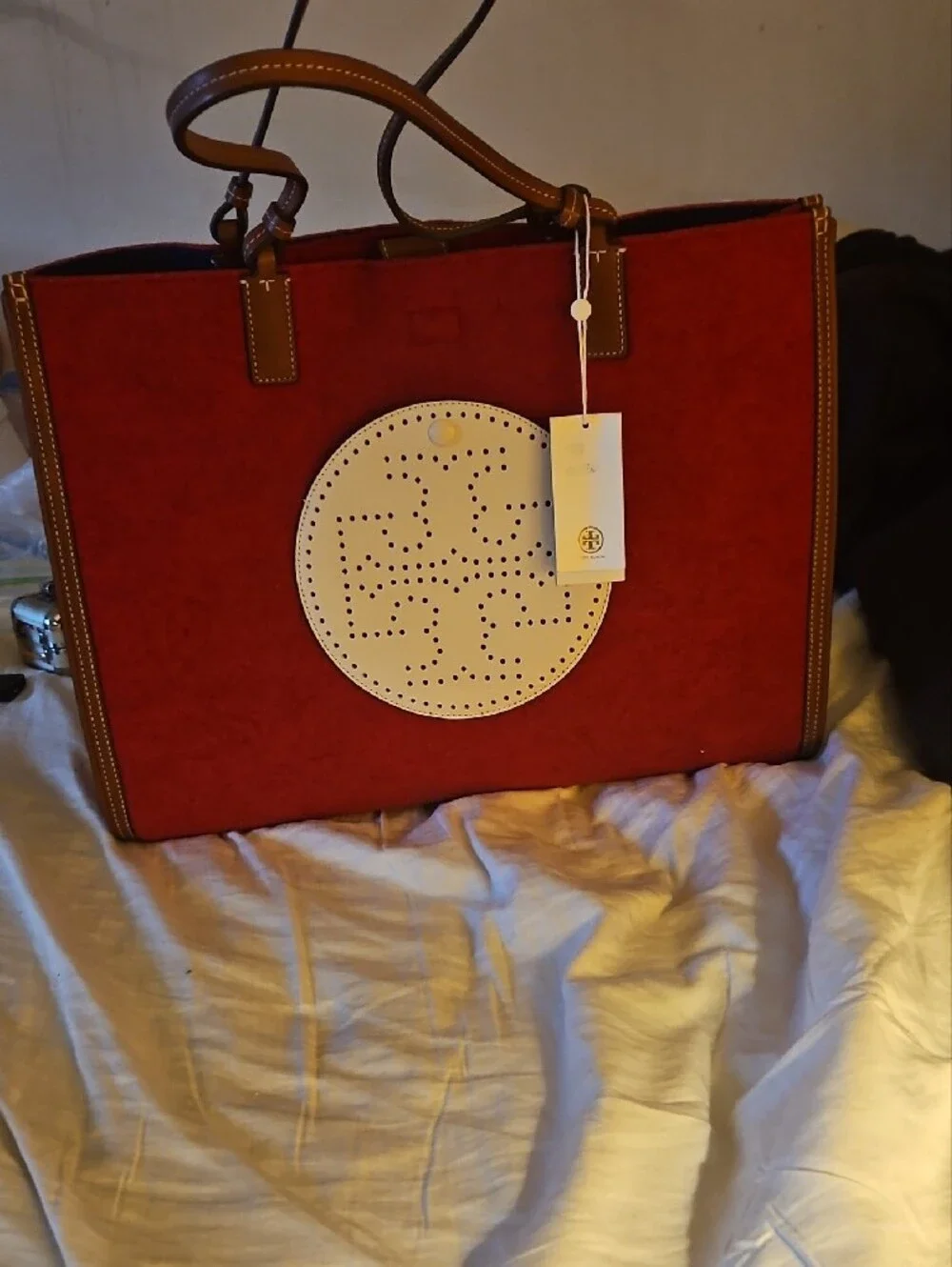 Tory Burch Red Suede Tote with White Perforated Logo